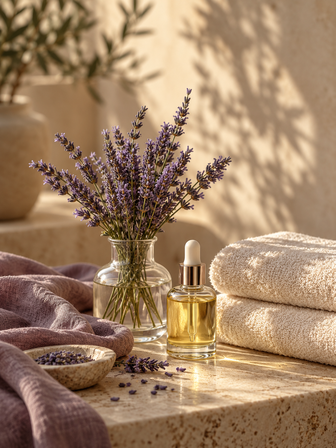 Lavender stems, a serum bottle and soft towels in warm sunlight
